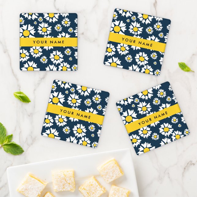 Daisy Pattern, White Daisies, Your Name Coaster Set (In Situ)