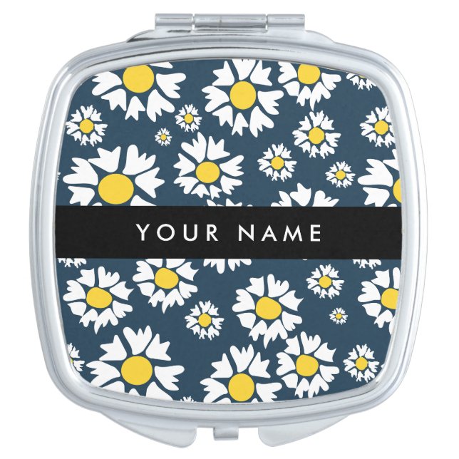 Daisy Pattern, White Daisies, Your Name Compact Mirror (Front)