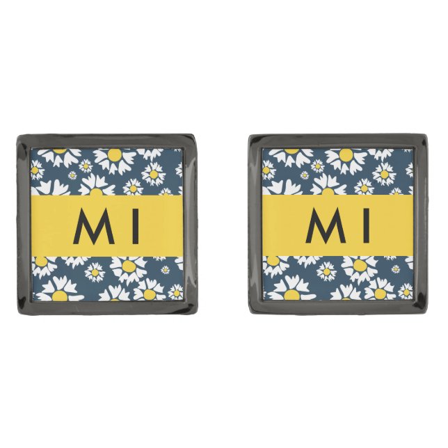 Daisy Pattern, White Daisies, Your Name Cufflinks (Front)