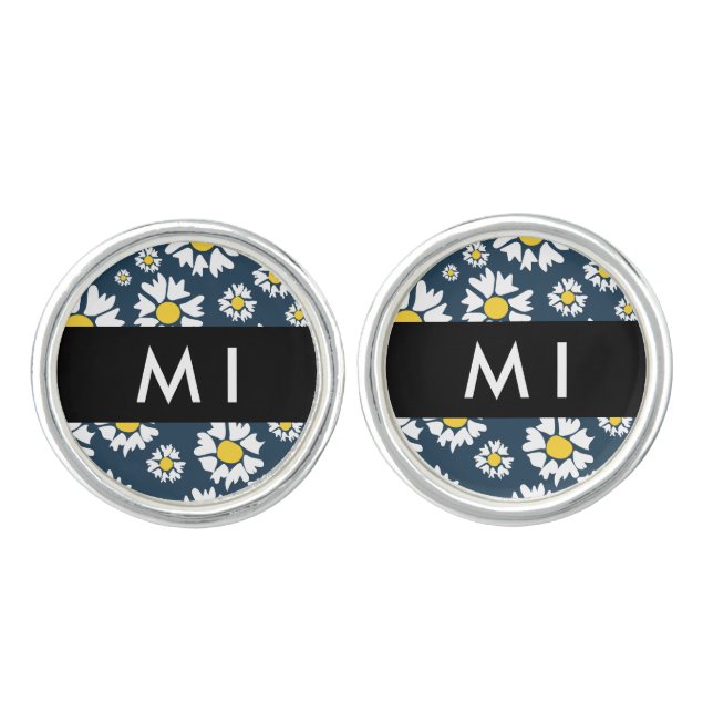 Daisy Pattern, White Daisies, Your Name Cufflinks (Front)