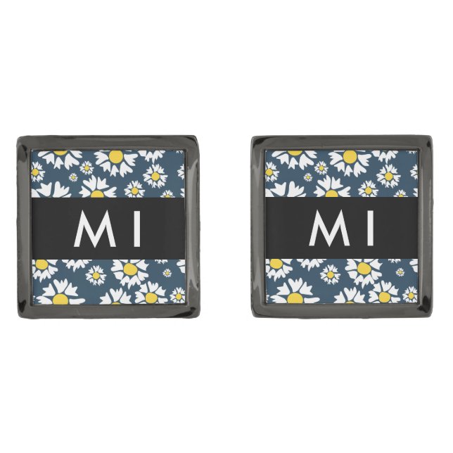 Daisy Pattern, White Daisies, Your Name Cufflinks (Front)