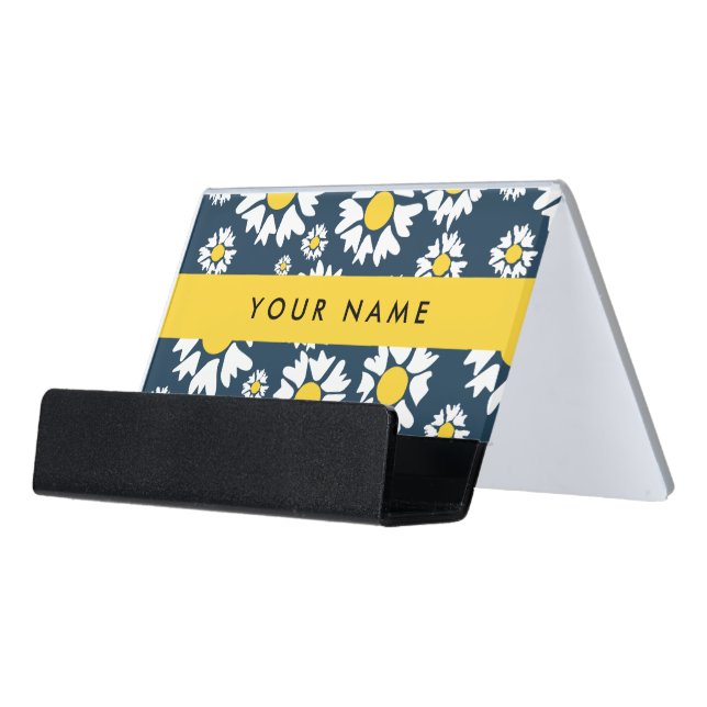 Daisy Pattern, White Daisies, Your Name Desk Business Card Holder (Angled Front)
