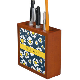 Daisy Pattern, White Daisies, Your Name Desk Organizer
