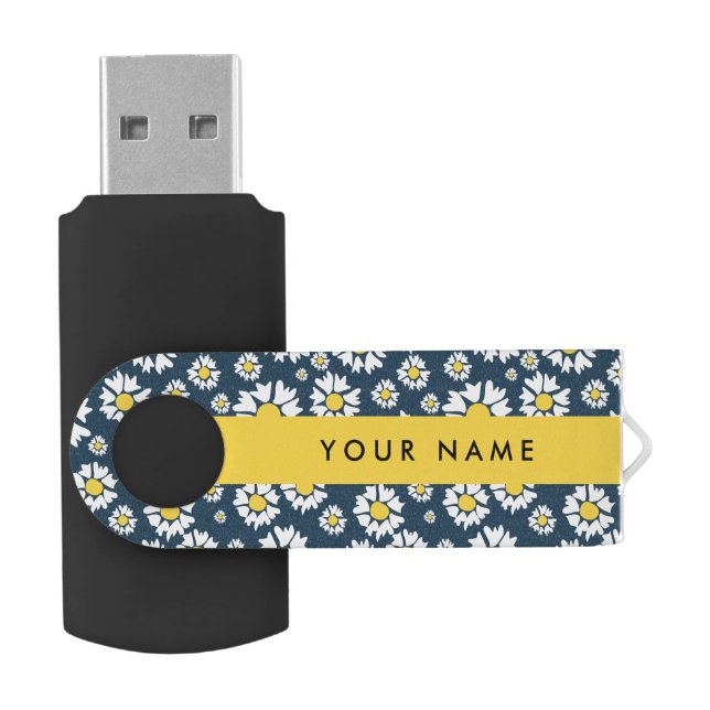 Daisy Pattern, White Daisies, Your Name Flash Drive (Opened)