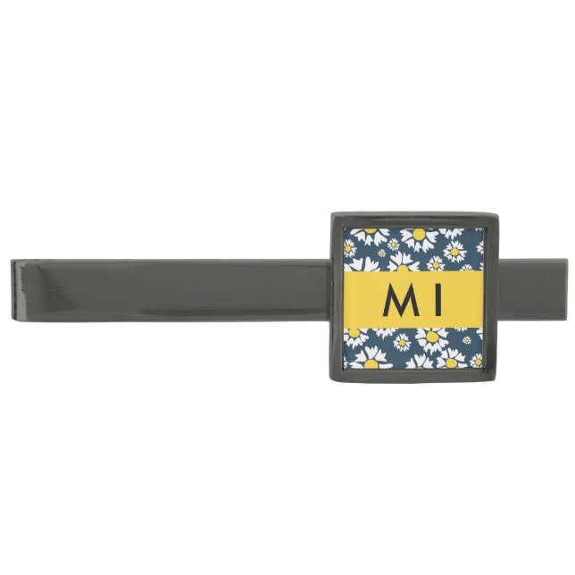 Daisy Pattern, White Daisies, Your Name Gunmetal Finish Tie Bar (Front)