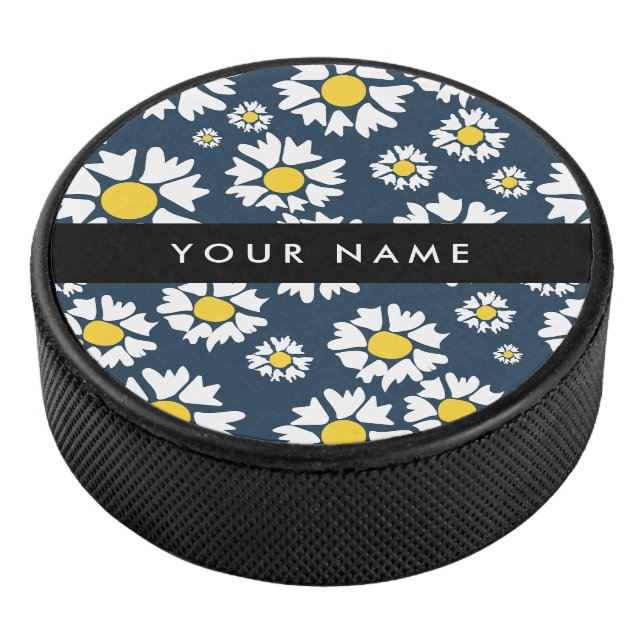 Daisy Pattern, White Daisies, Your Name Hockey Puck (3/4)