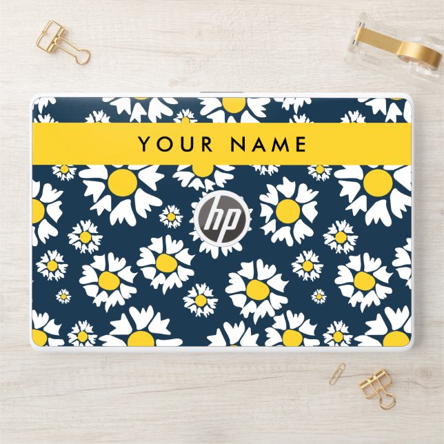 Daisy Pattern, White Daisies, Your Name HP Laptop Skin (Desk)