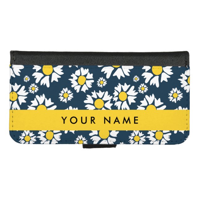 Daisy Pattern, White Daisies, Your Name iPhone Wallet Case (Front (Horizontal))