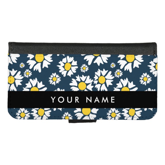 Daisy Pattern, White Daisies, Your Name iPhone Wallet Case (Front (Horizontal))