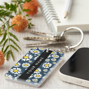 Daisy Pattern, White Daisies, Your Name Keychain