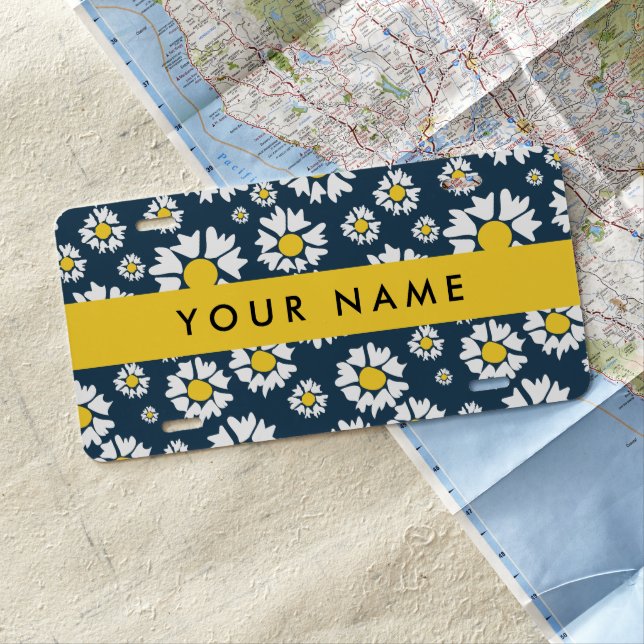 Daisy Pattern, White Daisies, Your Name License Plate (In Situ)