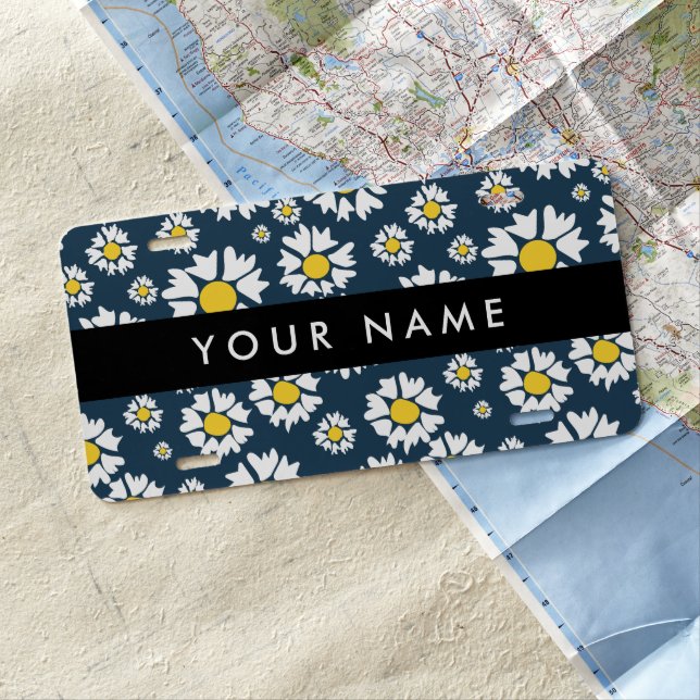 Daisy Pattern, White Daisies, Your Name License Plate (In Situ)