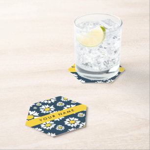 Daisy Pattern, White Daisies, Your Name Paper Coaster