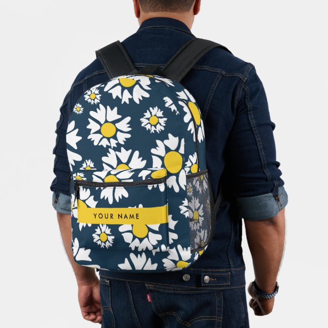 Daisy Pattern, White Daisies, Your Name Printed Backpack (Insitu (Model))
