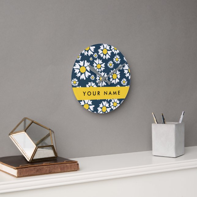 Daisy Pattern, White Daisies, Your Name Round Clock (Office)