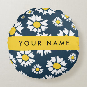 Daisy Pattern, White Daisies, Your Name Round Pillow