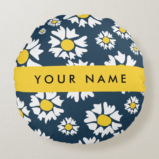 Daisy Pattern, White Daisies, Your Name Round Pillow (Front)