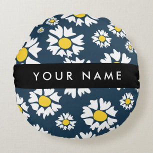 Daisy Pattern, White Daisies, Your Name Round Pillow