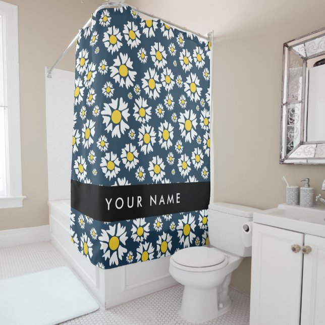 Daisy Pattern, White Daisies, Your Name Shower Curtain (In Situ)