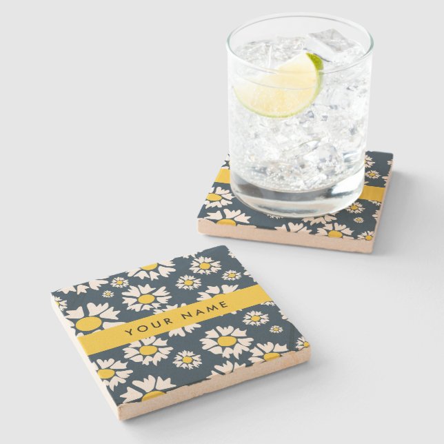 Daisy Pattern, White Daisies, Your Name Stone Coaster (Side)