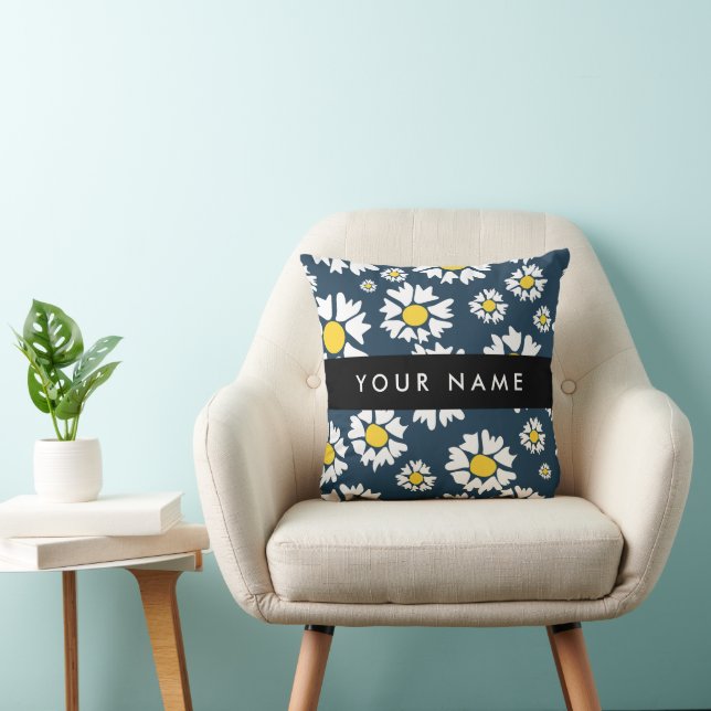 Daisy Pattern, White Daisies, Your Name Throw Pillow (Chair)