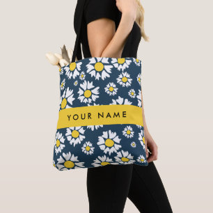 Daisy Pattern, White Daisies, Your Name Tote Bag