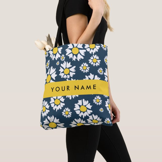 Daisy Pattern, White Daisies, Your Name Tote Bag (Close Up)