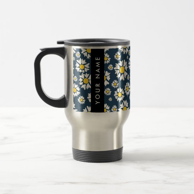 Daisy Pattern, White Daisies, Your Name Travel Mug (Left)