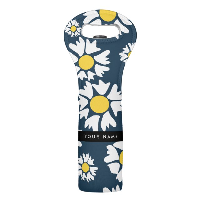 Daisy Pattern, White Daisies, Your Name Wine Bag (Front)