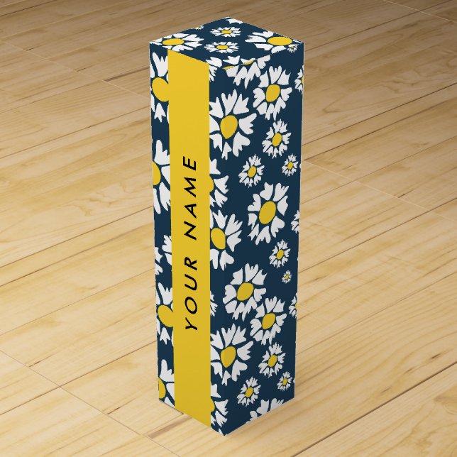 Daisy Pattern, White Daisies, Your Name Wine Box (Front)