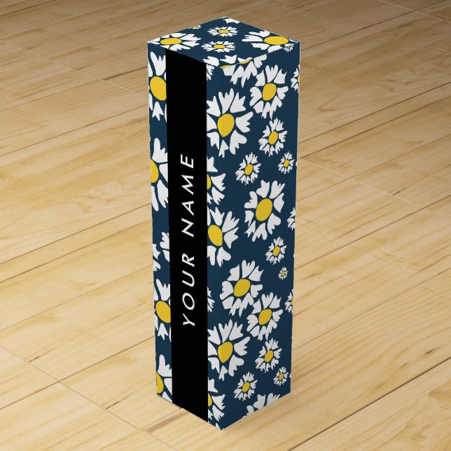 Daisy Pattern, White Daisies, Your Name Wine Box (Front)