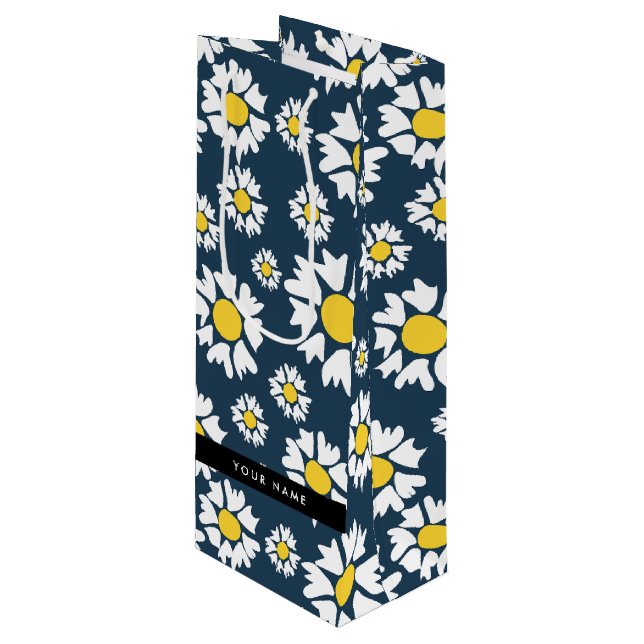 Daisy Pattern, White Daisies, Your Name Wine Gift Bag (Front Angled)
