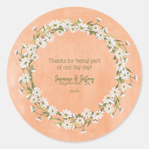 Daisy  Peach Floral Wedding Thank You Classic Round Sticker