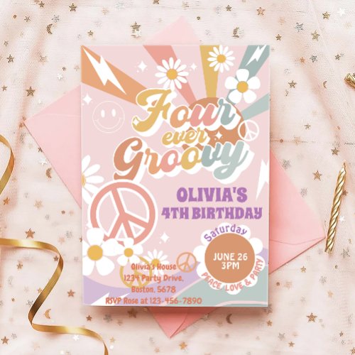 Daisy Peach Love Four Ever Groovy 4th birthday Invitation