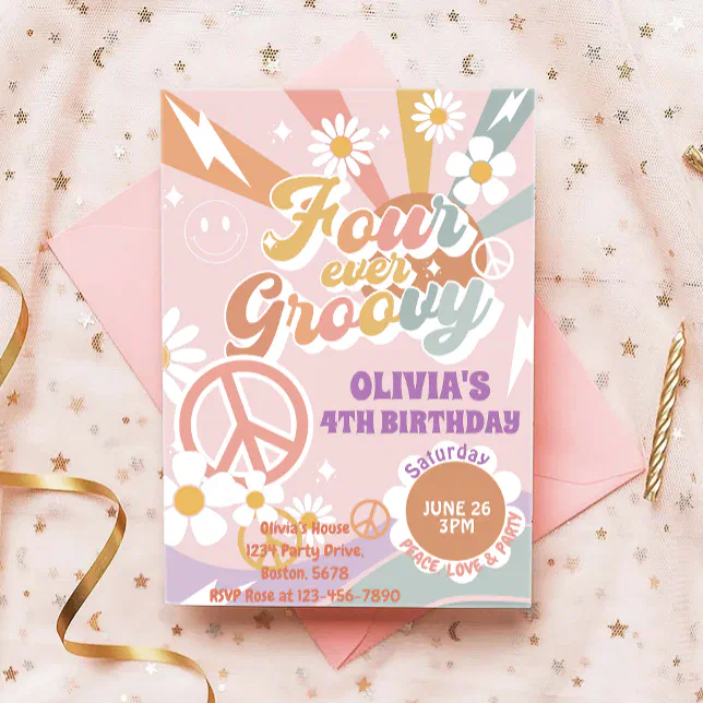 Daisy Peach Love Four Ever Groovy 4th birthday Invitation | Zazzle