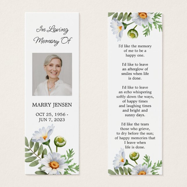 Daisy Photo Funeral Memorial Bookmark (Front & Back)