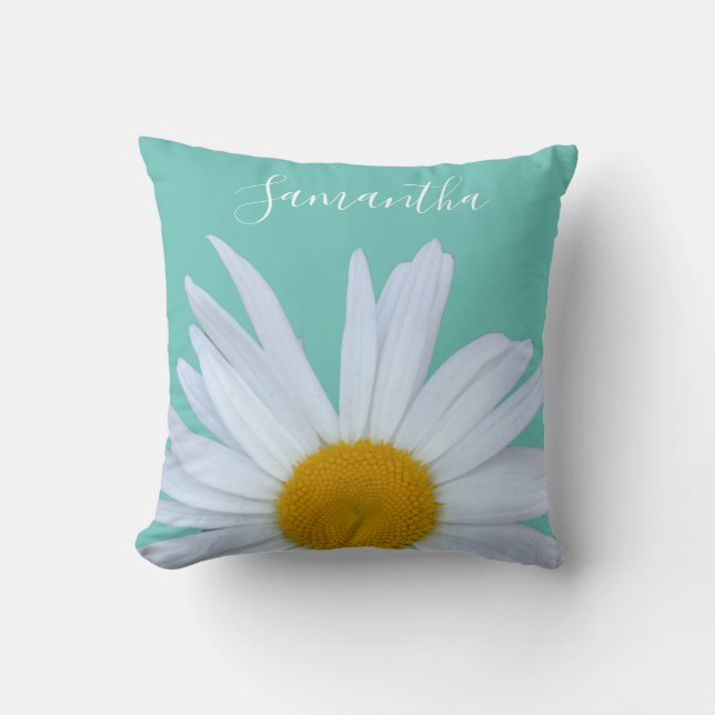 Daisy Photo Teal Green Elegant White Script Throw Pillow (Front)
