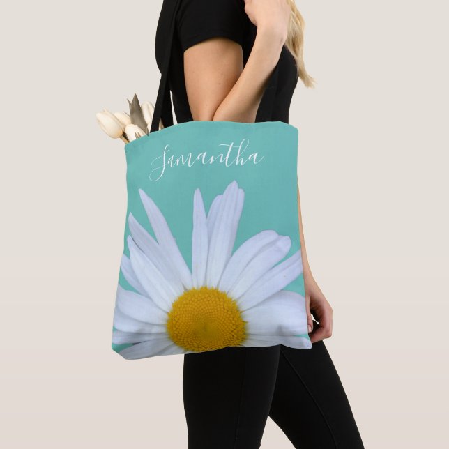 Daisy Photo Teal Green Elegant White Script Tote Bag (Close Up)