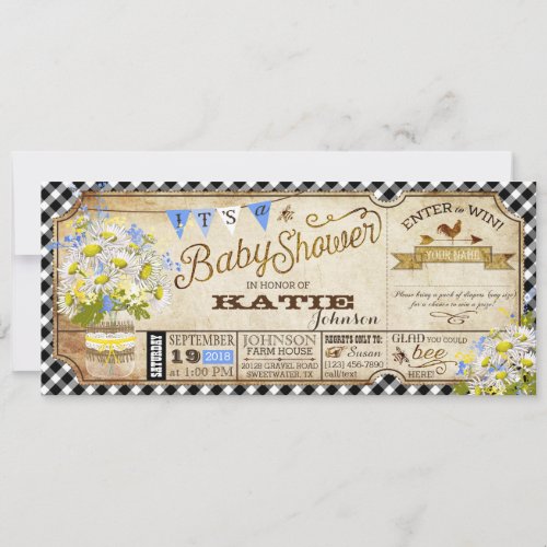 Daisy Picnic Black Gingham Check Baby Shower Invitation