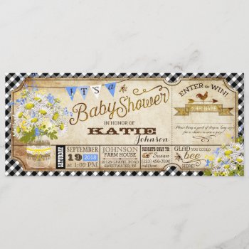 Daisy Picnic Black Gingham Check Baby Shower Invitation by NouDesigns at Zazzle