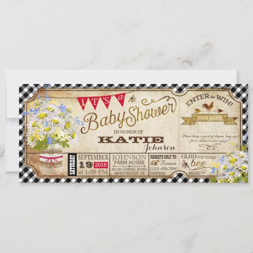 Daisy Picnic Black Gingham Check Baby Shower Invitation