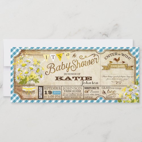 Daisy Picnic Blue Gingham Check Baby Shower Invitation