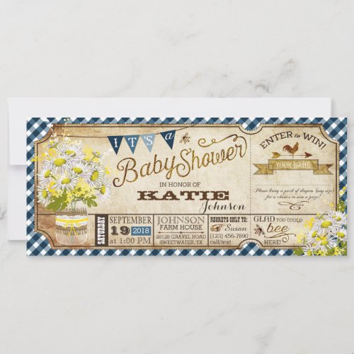 Daisy Picnic Navy Gingham Check Baby Shower Invitation