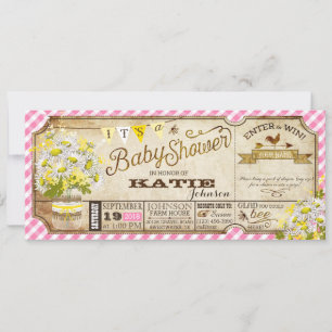 Daisy Picnic Pink Gingham Check Baby Shower Invitation