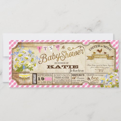 Daisy Picnic Pink Gingham Check Baby Shower Invitation