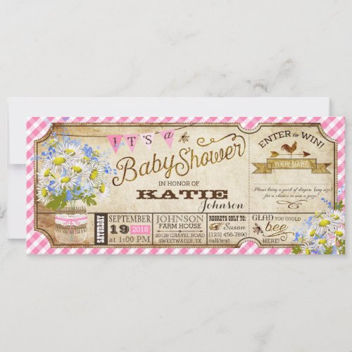 Daisy Picnic Pink Gingham Check Baby Shower Invitation