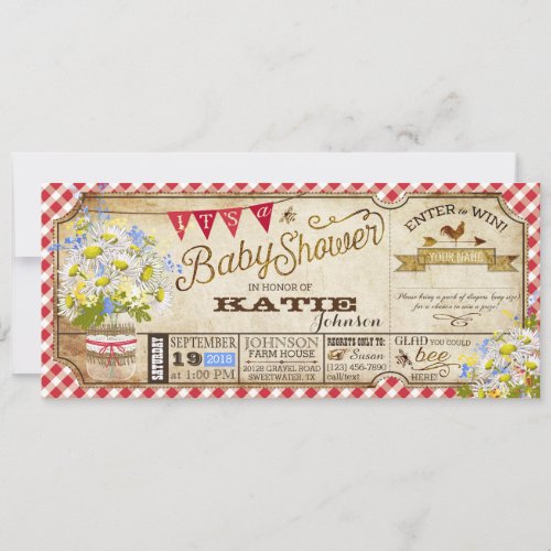 Daisy Picnic Red Gingham Check Baby Shower Invitation