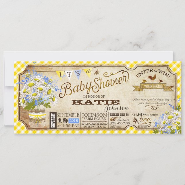 Daisy Picnic Yellow Gingham Check Baby Shower Invitation (Front)