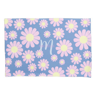 Daisy Pink Blue Monogram Pillow Case