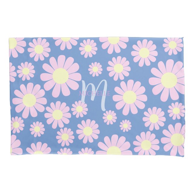 Daisy Pink Blue Monogram Pillow Case (Front)